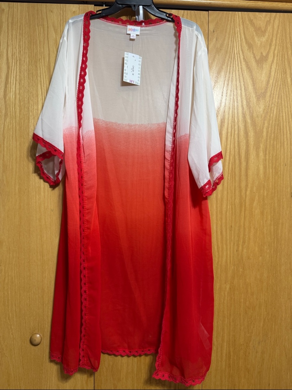 LuLaRoe Chloe Red to White Ombre Sheer Lace-Trim Kimono